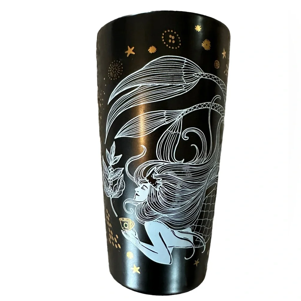 Starbucks Mermaid Siren Ceramic Tumbler Travel Mug Black/Gold w/ Lid 12 oz 2019